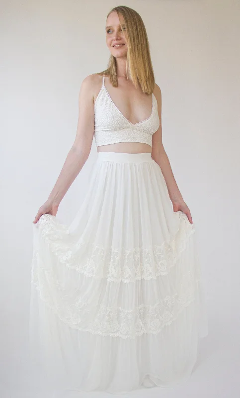 Hottest Discounts of the Year!Romantic style Gipsy Bridal chiffon mesh skirt with insert vintage lace trims #3041