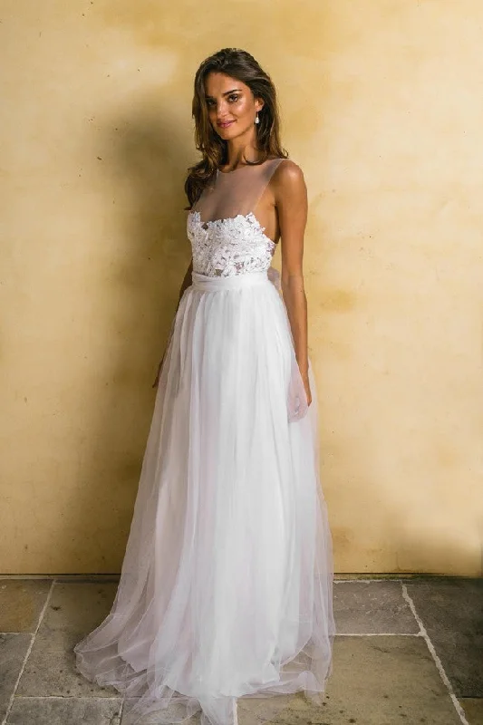 Mega Sale Happening Now!See-through Neckline Lace Tulle Bride Boho Wedding Dresses 2018