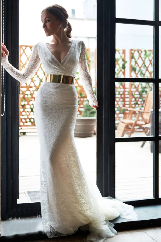 Incredible Savings Inside!Sheer Long Sleeveless Lace Bridal Gowns with Gold Belt