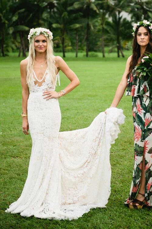 Find the Best Deals Here!Sheer Plunging V-neck Lace Mermaid Bridal Gown