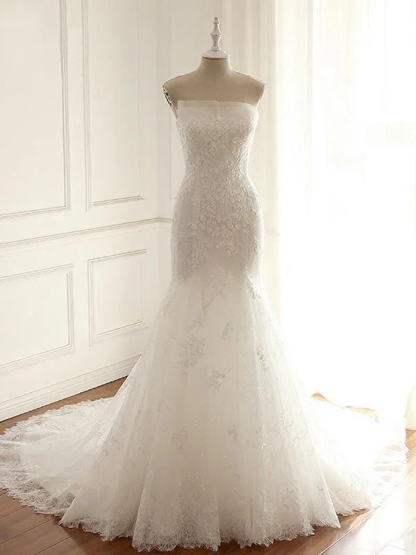 Save Like Never Before!Strapless Long Mermaid Lace Appliques Wedding Dresses