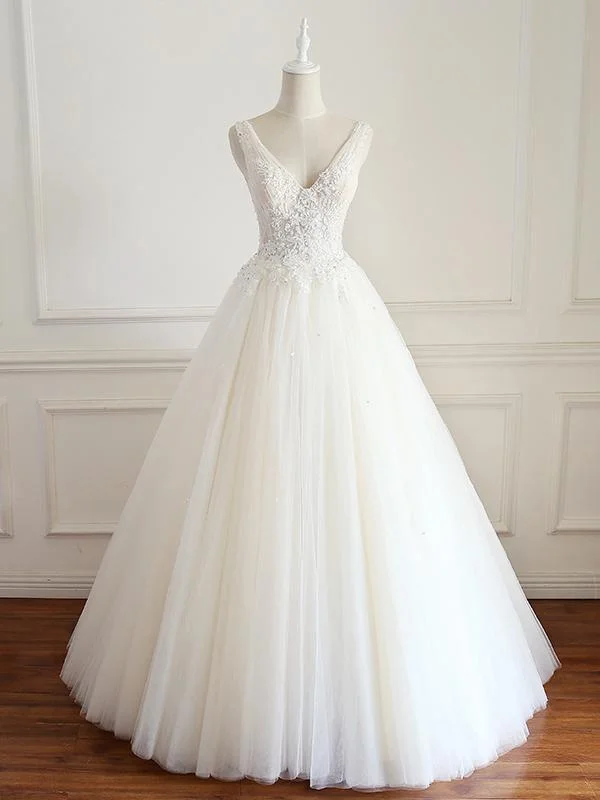 Shop Early, Save Big!V-neck Lace Beaded Long A-line Tulle Wedding Dresses