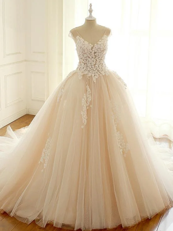 Get Ready to Save!V-neck Lace Tulle Wedding Dresses, Appliques Bridal Gown
