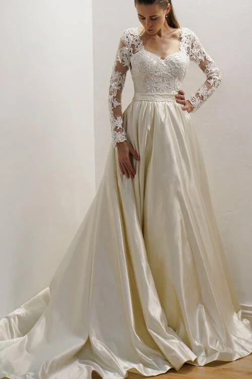 Don’t Wait – Shop Today!Vintage-inspired Satin Bride Wedding Gown with Lace Long Sleeves