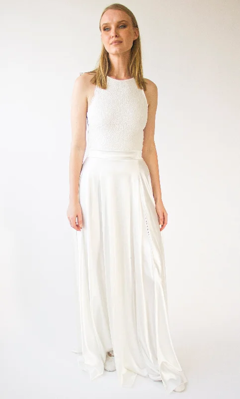 Every Deal is a Steal!Wedding Dress Separates, Two Piece wedding outfit, Silky Wedding Maxi Skirt and Lace Halter neckline cropped Top #1419