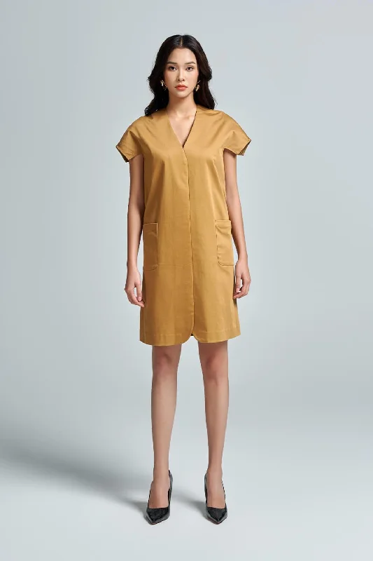 Limited Stock Available!Aviva Straight V-Neck Khaki Mini Dress