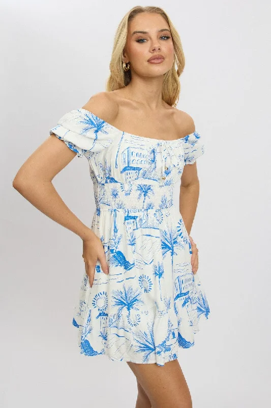 Must-Have Deals Inside!Blue Abstract Fit And Flare Dress Mini