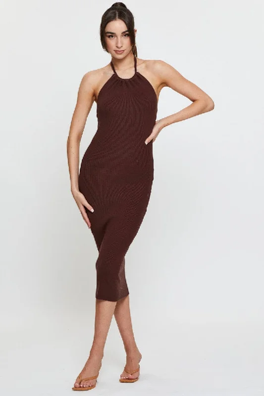 Grab Yours Before It’s Too Late!Brown Knit Dress Midi Halter Neck