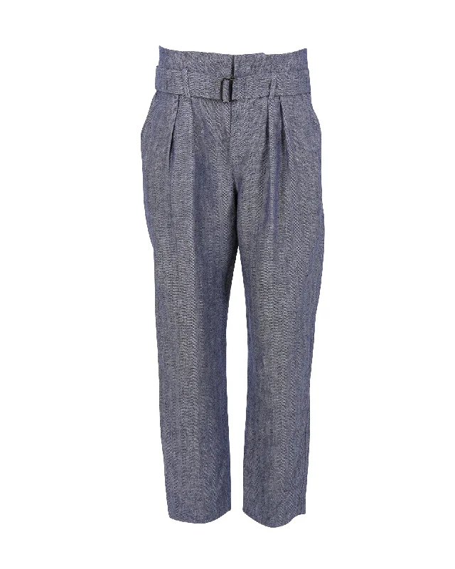 Don't Miss Out!Brunello Cucinelli Belted Pleated Trousers in Blue and White Hemp Linen
