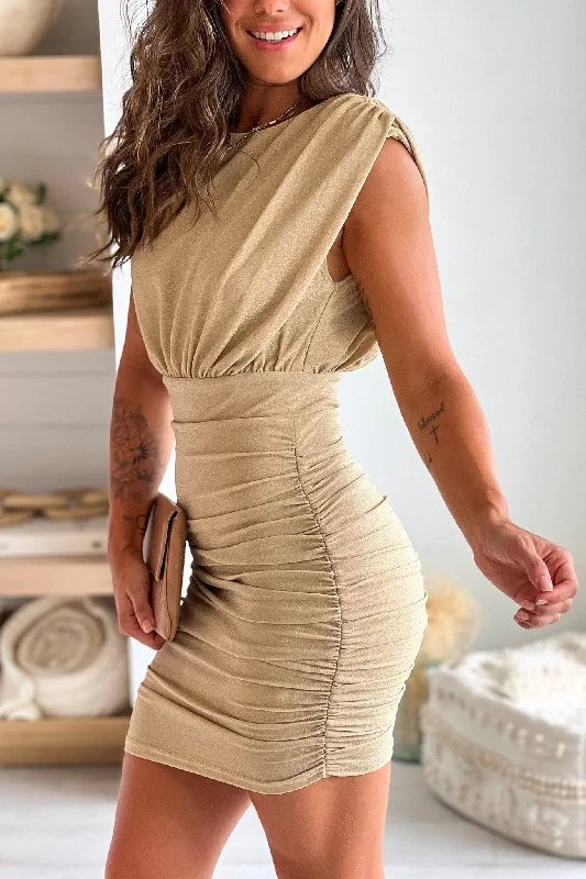 Huge Savings – Act Now!Champagne Metallic Ruched Short Dress