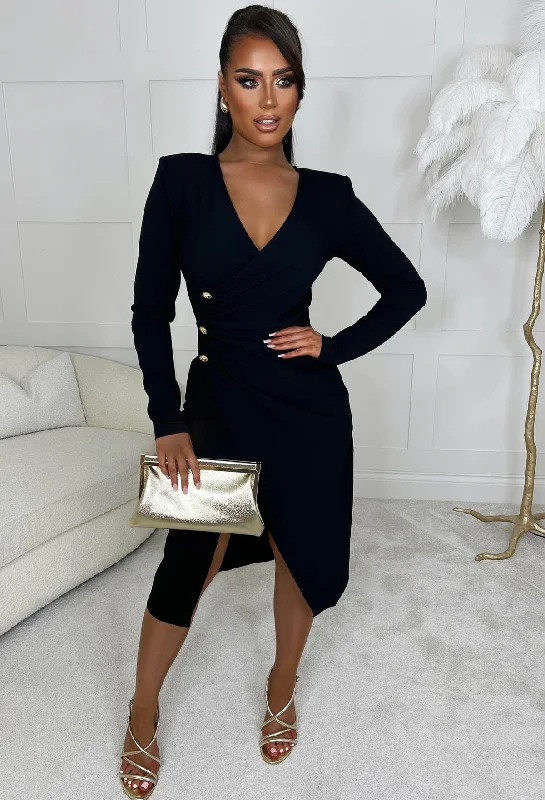 Hot Deals You Can’t Resist!Designer Vibes Black Long Sleeve Button Detail Cinched Waist A-Line Dress