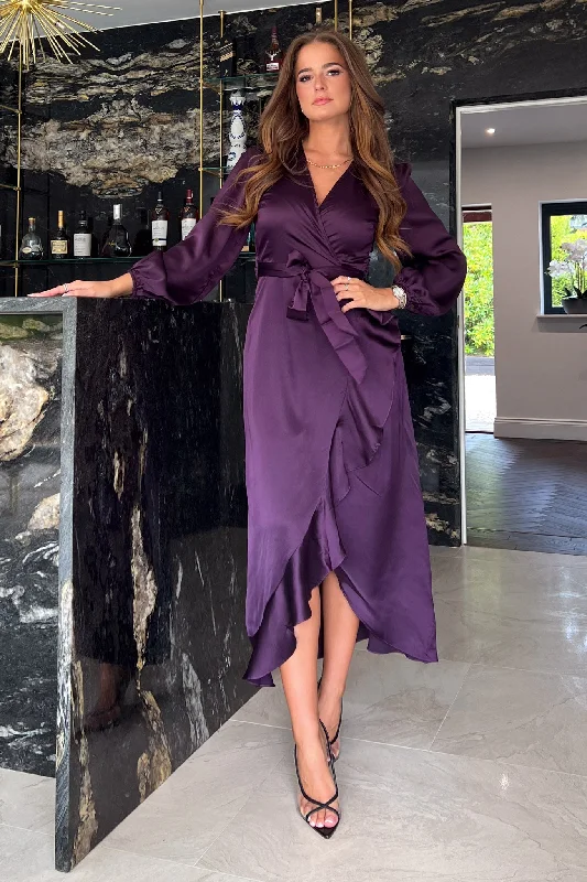 Hurry, Sale Ends Soon!Erin Purple Long Sleeve Split Hem Frill Detail Maxi Dress
