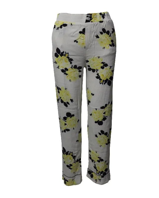 Shop Now and Save!Ganni Floral Print Elastic Waist Trousers in White Viscose