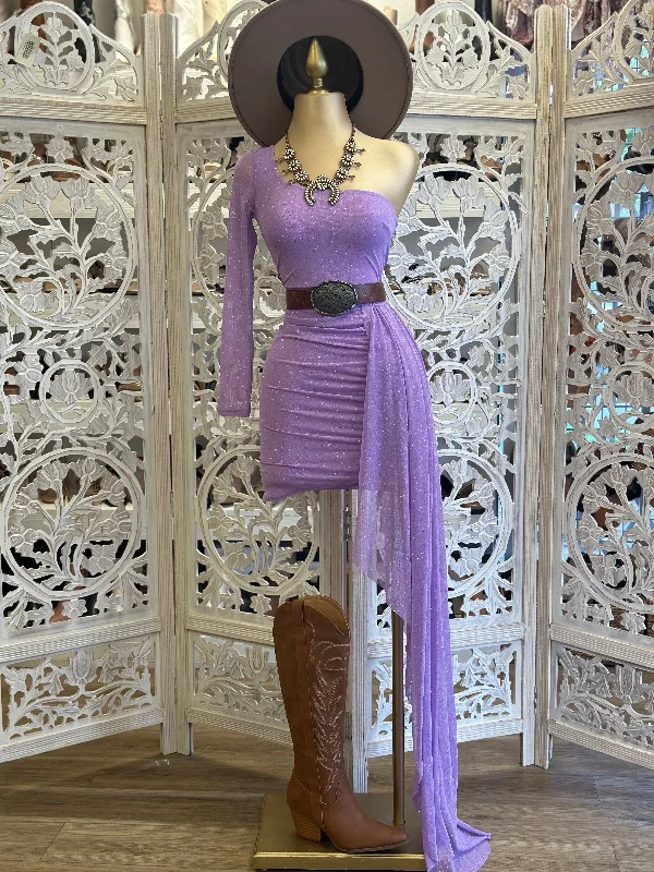 The Best Sale of the Year!Glitter Purple Off Shoulder Tailed Dress- Stretchy