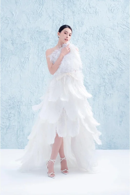 Get More for Less!Goddess Flared Layered Feathers High-low Dress