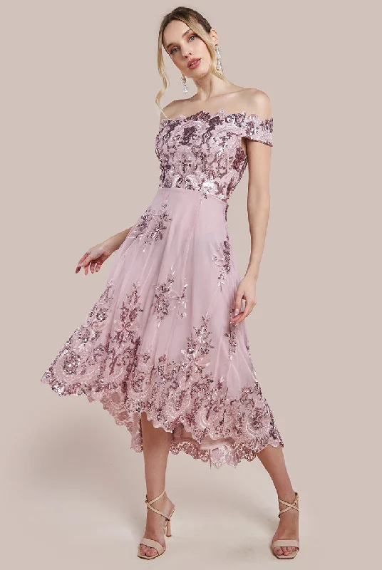 Limited-Time Price Drop!Goddiva Bardot Sequin & Lace High Low Midi - Blush