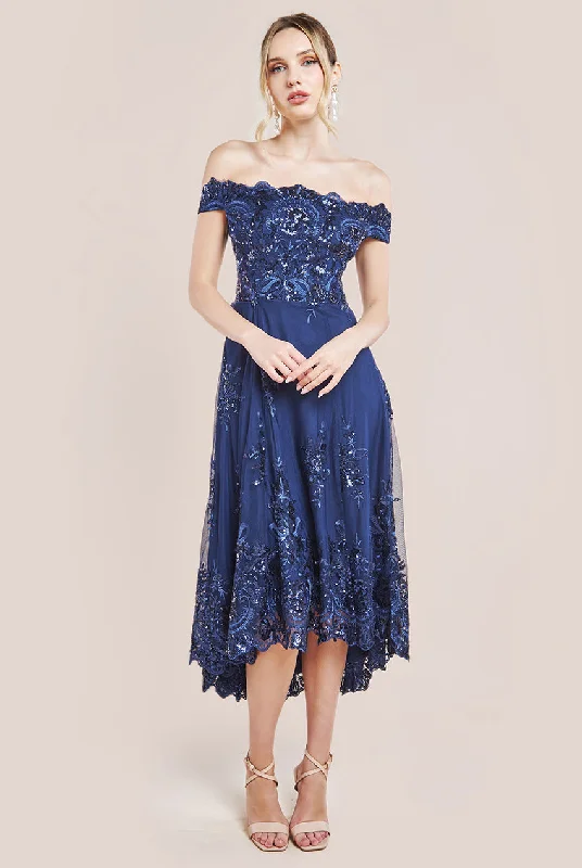 Find Your Perfect Deal Today!Goddiva Bardot Sequin & Lace High Low Midi - Navy