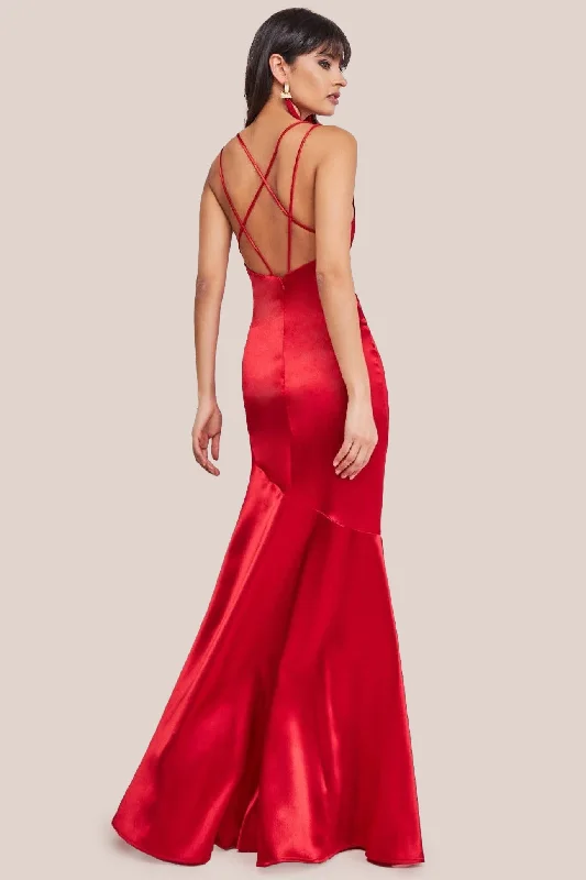 Flash Deals – Act Quickly!Goddiva Cowl Neck With Strappy Back Satin Maxi - Red