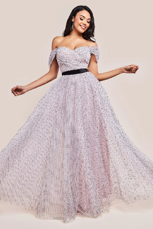 Limited Time Offer!Goddiva Dobby Mesh Off The Shoulder Princess Maxi Dress - Blush