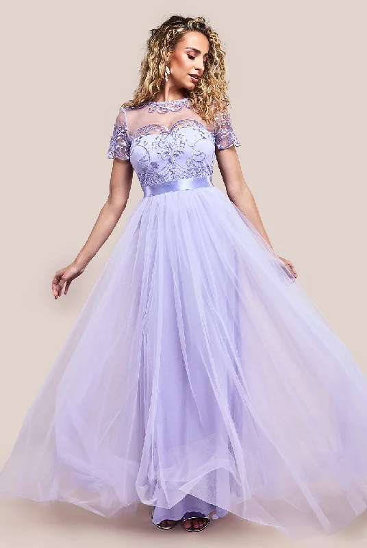 Massive Price Cuts!Goddiva Embroidered Mesh Maxi Dress - Lilac