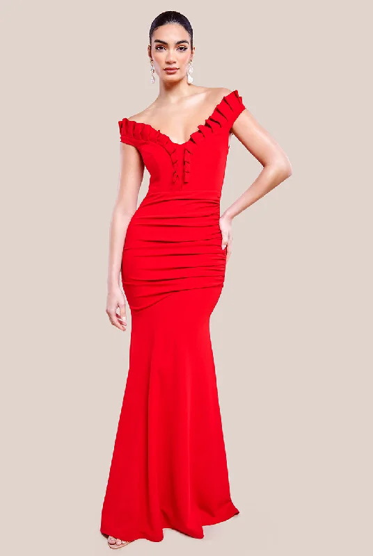 Your Dream Deal is Here!Goddiva Off The Shoulder Frill Gathered Maxi Dress - Red