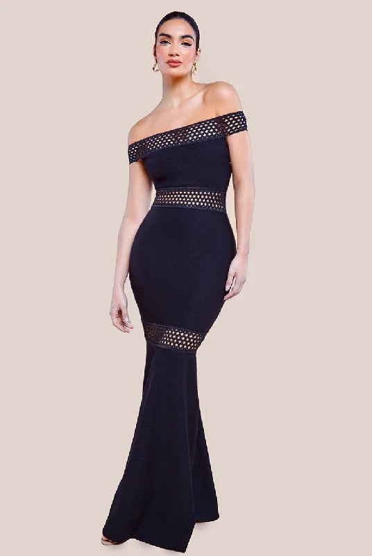 Hurry, Sale Ends Soon!Goddiva Off The Shoulder Ribbed Bodycon Maxi Dress - Black