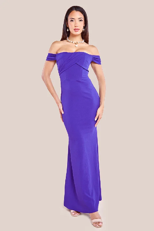 Steals and Deals Await!Goddiva Pleated Bardot Scuba Maxi Dress - Purple