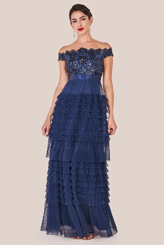 Price Drop Alert!Goddiva Scallop Bardot Ruffle Mesh Maxi - Navy