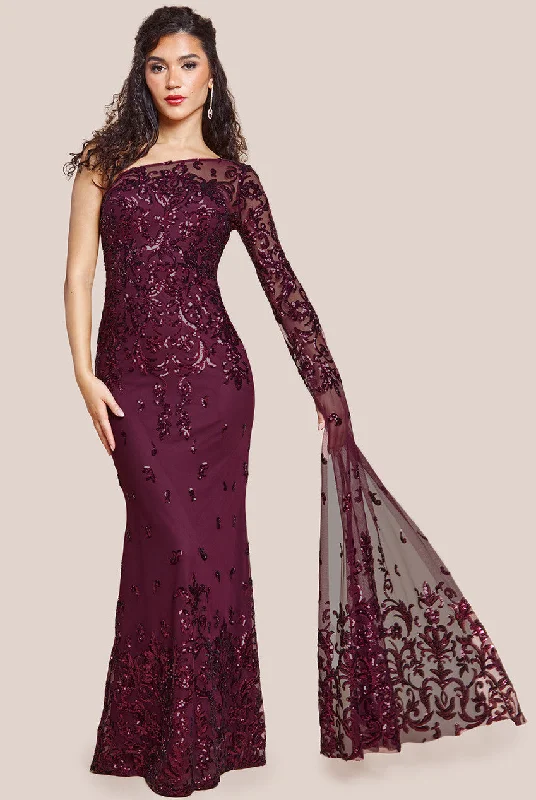 Special Discounts Inside!Goddiva Sequin Mesh One Shoulder Evening Maxi - Burgundy