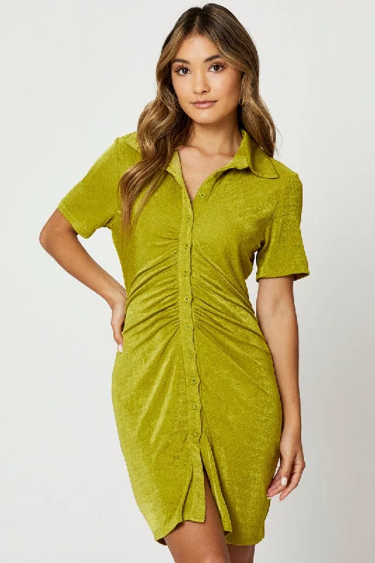 Shop Today, Save Tomorrow!Green Button Front Ruched Shirt Dress