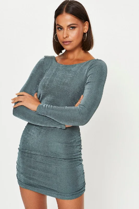 Save Money, Shop Happy!Green Strappy Tie Back Slinky Jersey Ruched Bodycon Dres
