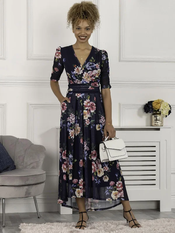 Mega Sale Happening Now!Haizley Floral Print Mesh Maxi Dress, Navy