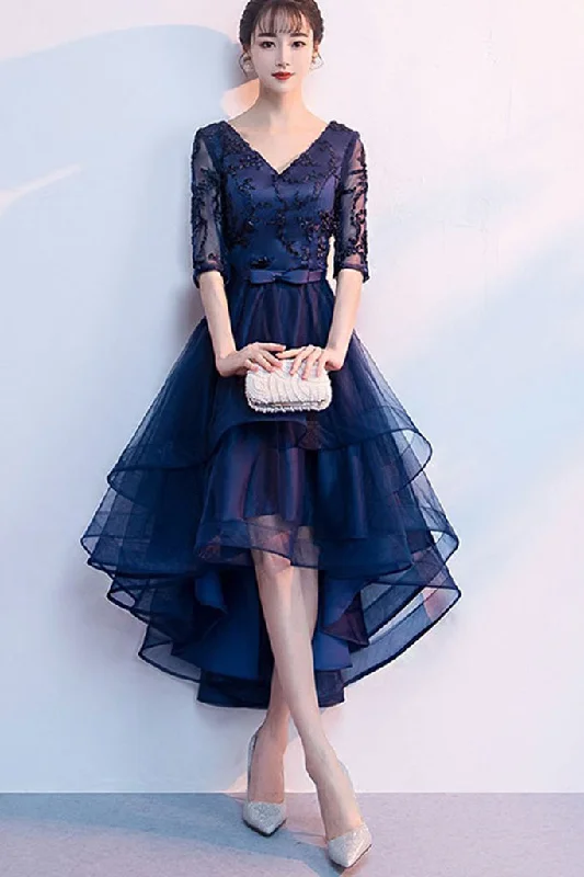 Grab Yours Before It’s Too Late!Half Sleeve Embroidered Double V-neck Layered High LowTulle Formal Dress