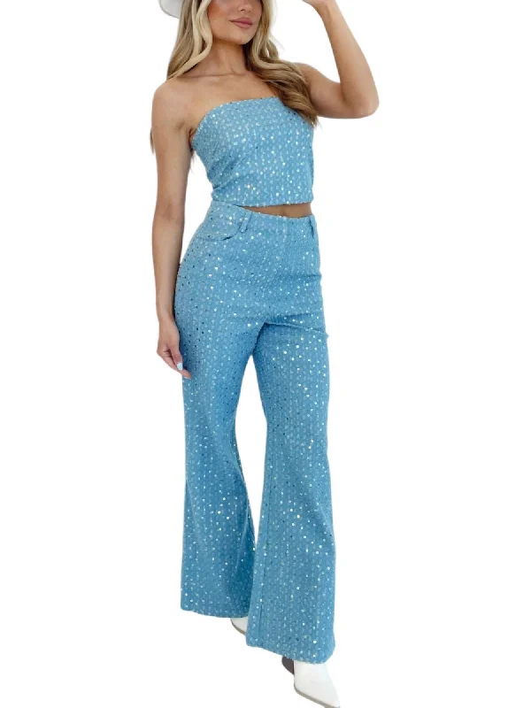 Limited Stock Available!High Waisted Wide Reg Sequin Pants In Light Blue