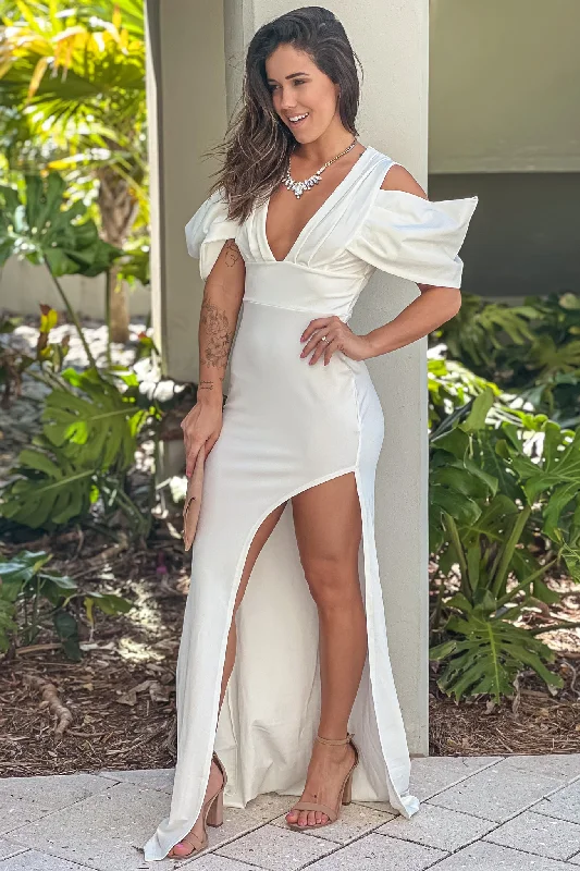 Limited Stock Available!Ivory Open Shoulder Maxi Dress With Slit