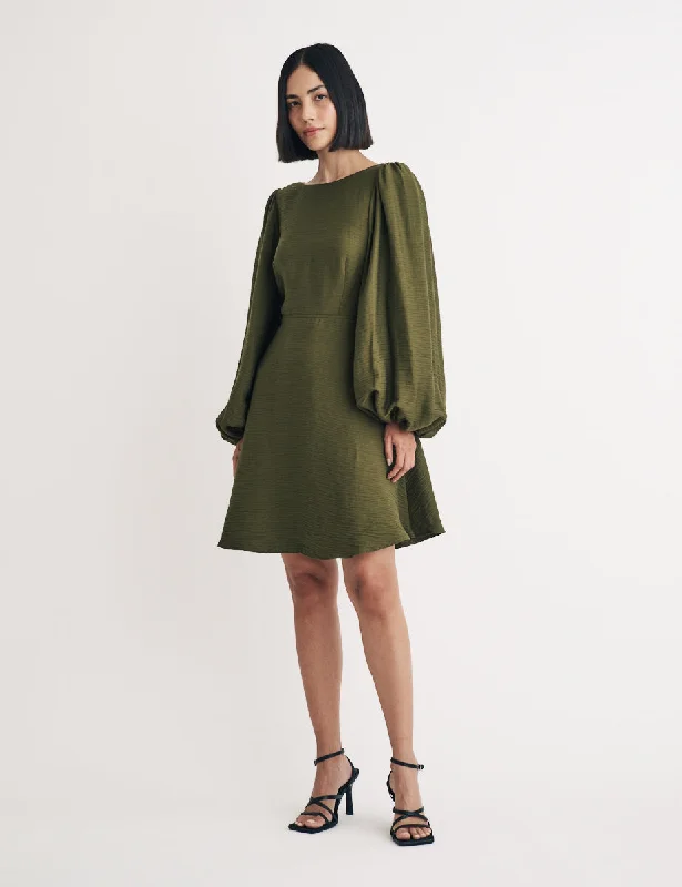 Your Chance to Save is Now!Khaki Linen-blend Balloon Sleeve Zola Mini Dress