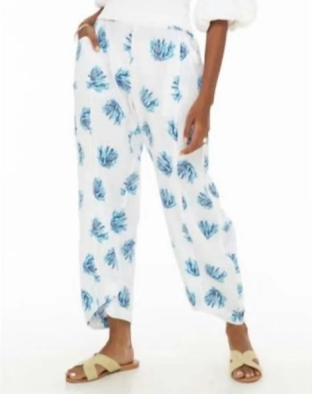Save More When You Shop More!Linen Blend Coral Print Pants In White & Blue Coral