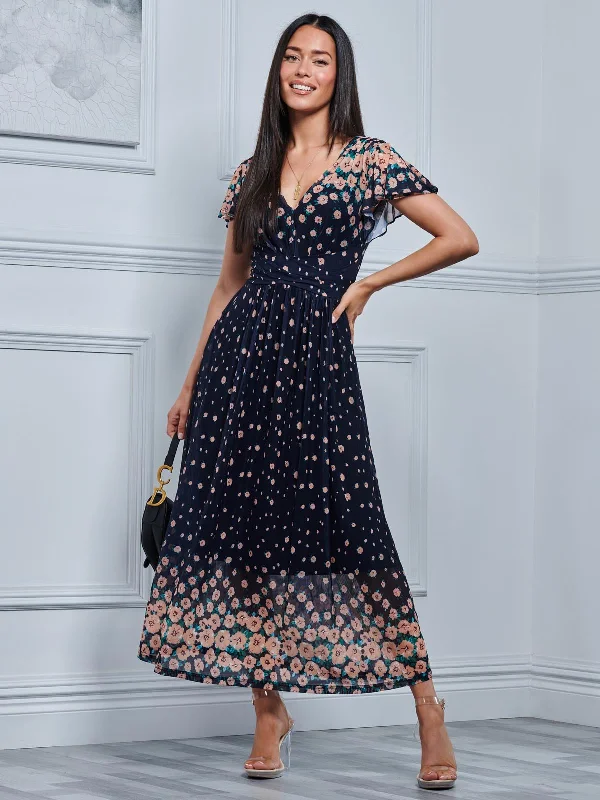 Get More for Less!Mably Mirror Print Maxi Mesh Dress, Navy Floral