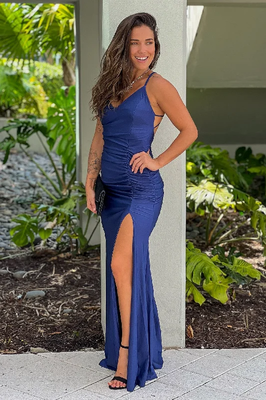 Unlock Huge Savings Now!Navy Ruched Maxi Dress With Slit