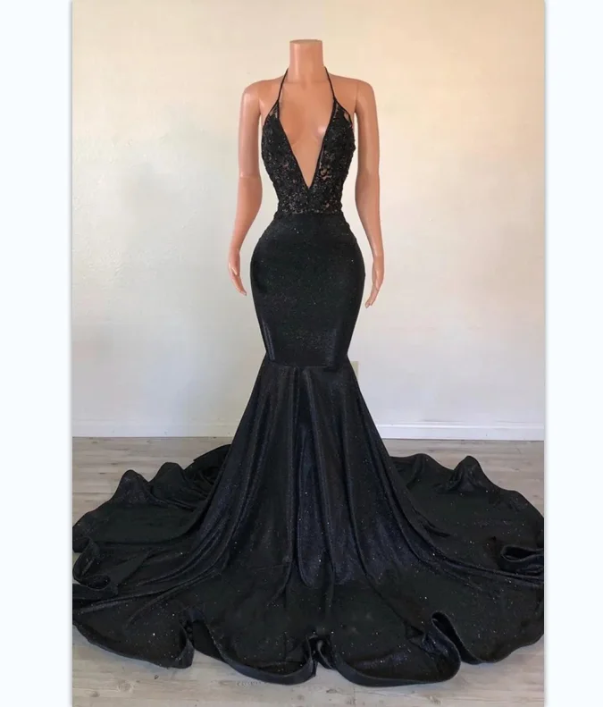 Shop Today, Save Tomorrow!Ocstrade Spaghetti Strap Plunging V Neck Backless Evening Dress Black Lace Glitter Glossy Trumpet Long Train Prom Dresses 2023