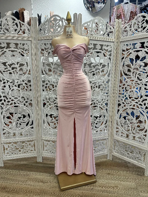 Save More When You Shop More!Rose Gold Ruched Off Shoulder Gown- Stretchy