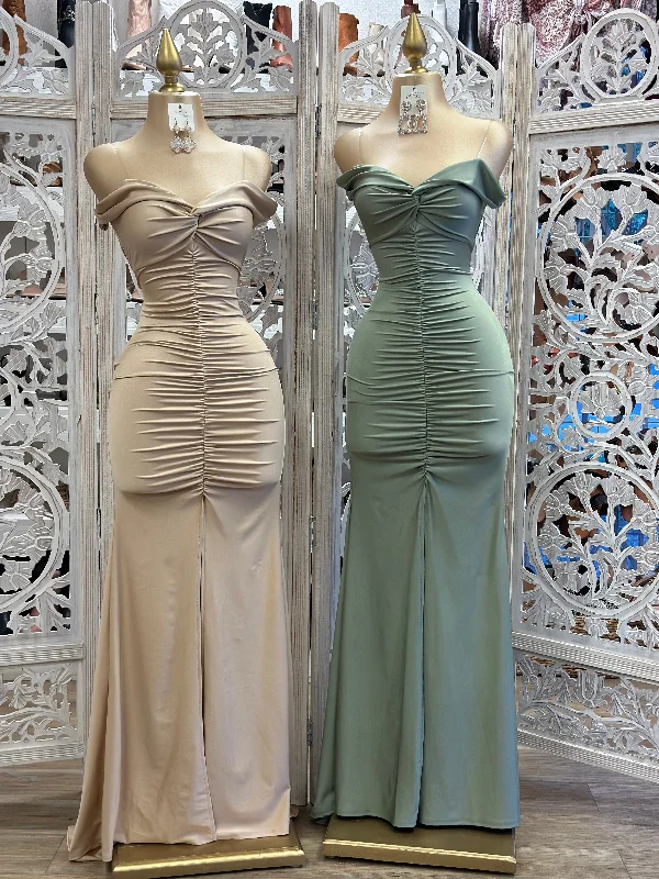 One Day Only – Huge Savings!Ruched Off Shoulder Gown- Stretchy