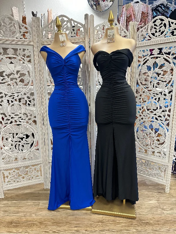 Time to Snag a Bargain!Ruched Off Shoulder Gown- Stretchy