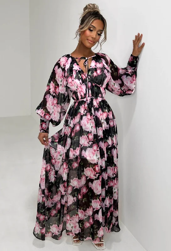 Exclusive Offers You’ll Love!Your Love Affair Black Floral Chiffon Long Sleeve Maxi Dress