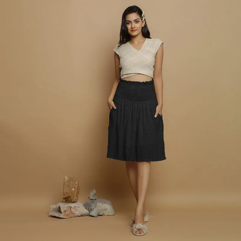 Savings You Can’t Ignore!Black Crinkled Cotton Flax Frilled Knee Length Skirt