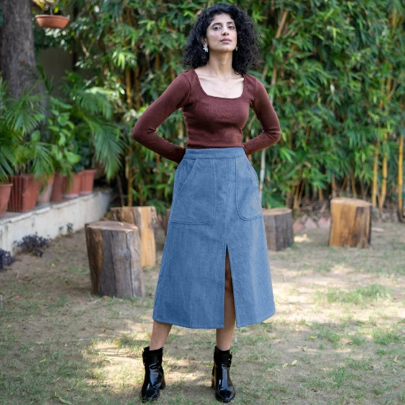 Shop Before It’s Gone!Ice Blue Warm Cotton Corduroy High-Rise A-Line Midi Slit Skirt