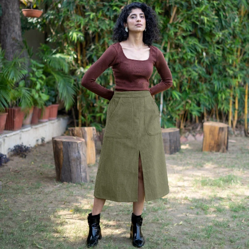 Mega Sale Happening Now!Olive Green Warm Cotton Corduroy High-Rise A-Line Midi Slit Skirt
