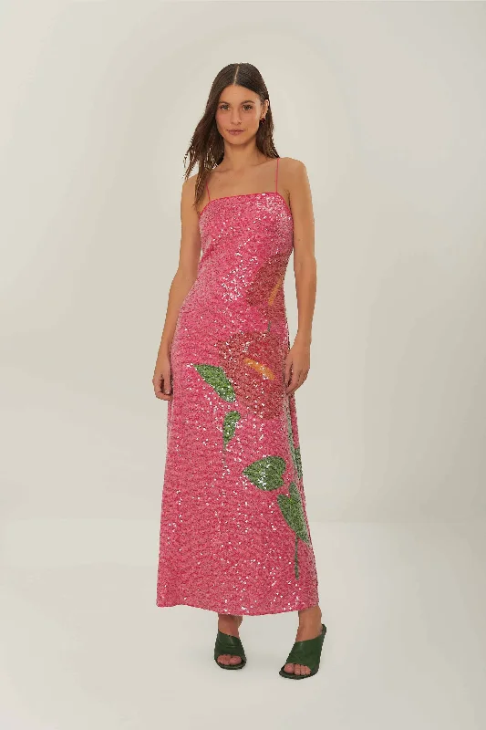 Limited-Time Price Drop!Pink Anthurium Flowers Slip Maxi Dress