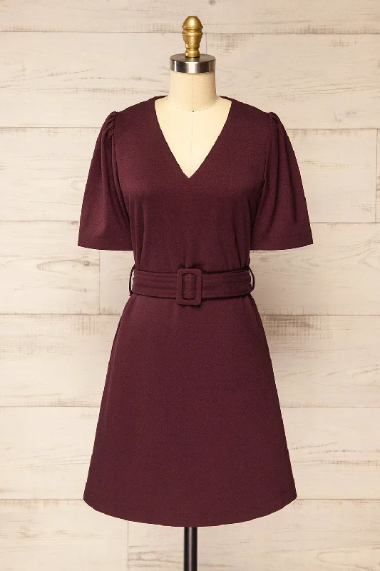 Shop Before It’s Gone!Bangkok Burgundy | Short A-Line Dress w/ Belt