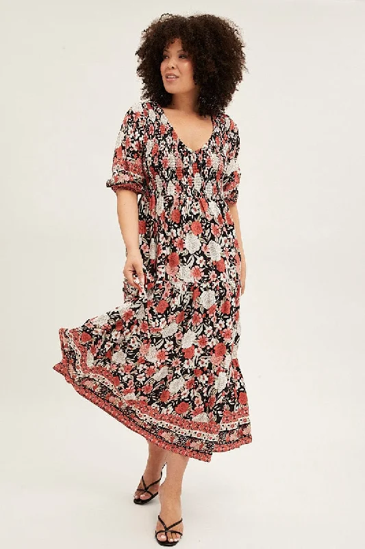 New Discounts Just Dropped!Black Boho Maxi Dress Short Sleeve V-neck Shirred